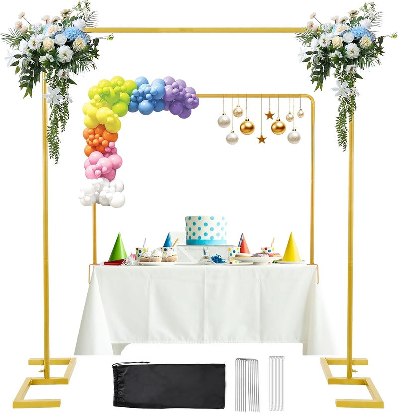 ParseBio 8.2FT x 8FT Backdrop Stand Heavy Duty with Base, Gold Portable Adjustable Pipe and Drape Backdrop Stand Kit, Over The Table Rod Stand with Clamps, Square Metal Arch Party Frame for Birthday Decor - Image 1